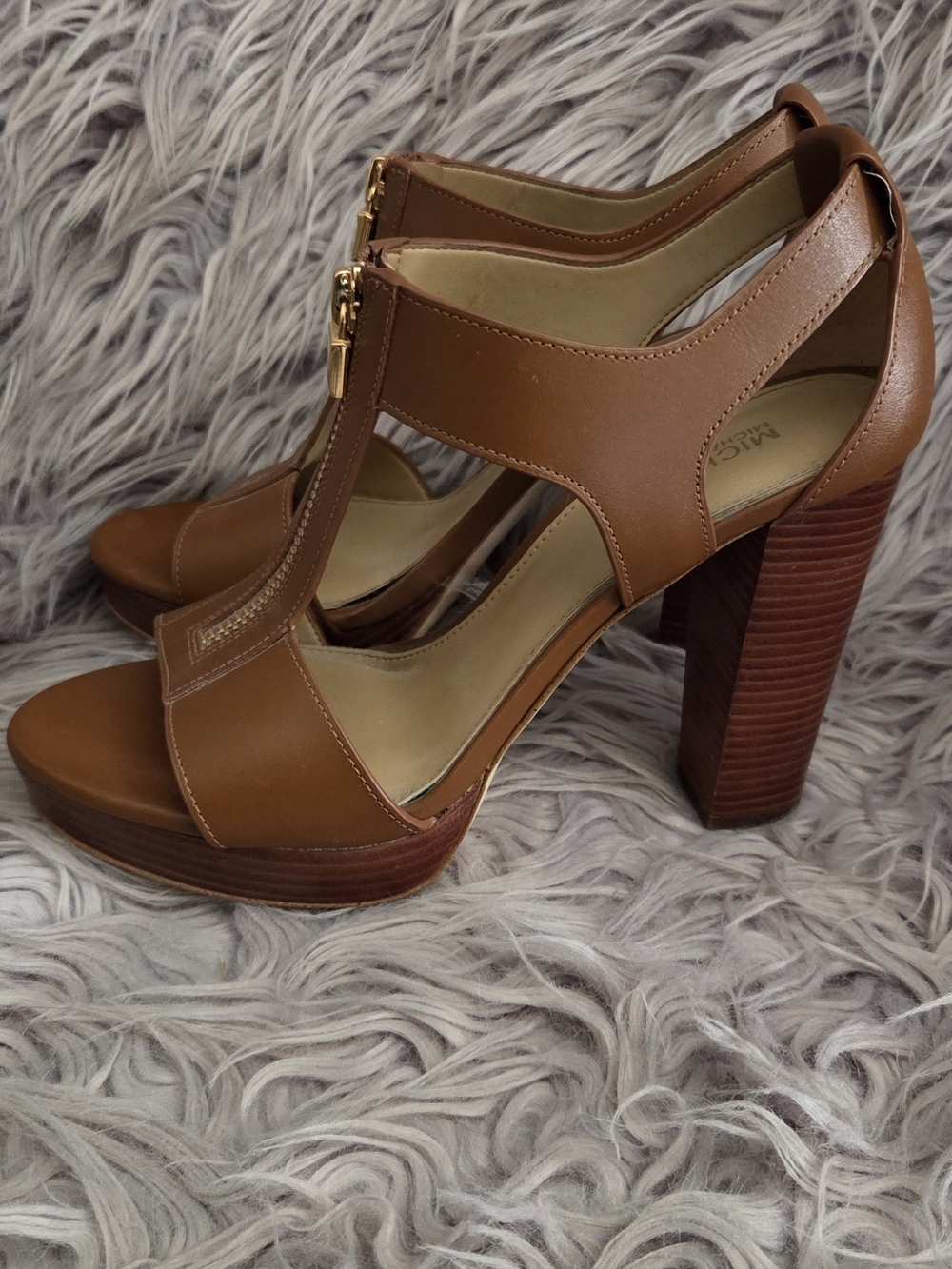 Michael Kors Brown Leather T-Strap Platform Heels with Gold Zip